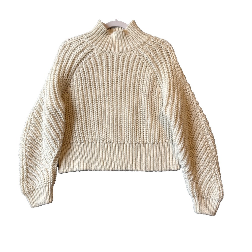 HM Cream Mock Neck Cable Knit Sweater S Cropped Chunky Ribbed Wool Blend Cottage
